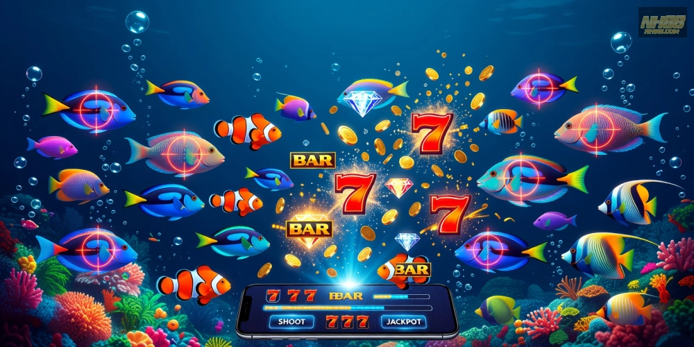 Hình minh họa khái niệm bắn cá nổ hũ nh88 với đồ họa sống động và jackpot hấp dẫn