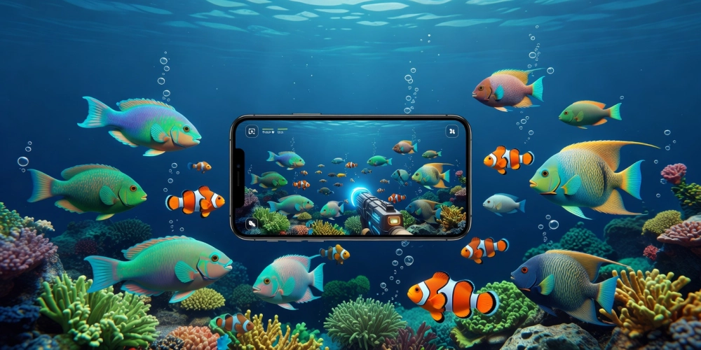 Minh họa khái niệm bắn cá online nh88 với giao diện game sống động và người chơi đang tham gia