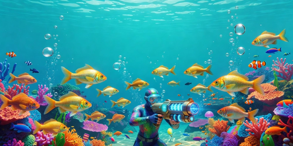 Hình minh họa khái niệm bắn cá vàng nh88 với đồ họa sống động dưới đại dương