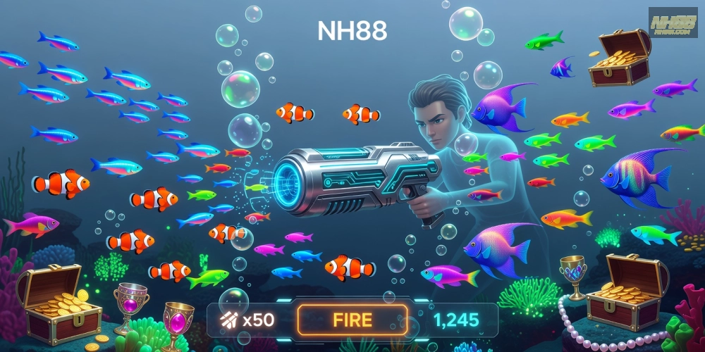 Hình minh họa gameplay game bắn cá nh88 với cá sặc sỡ và súng bắn hấp dẫn