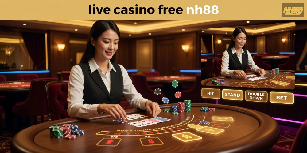 Hình ảnh minh họa khái niệm live casino free nh88 với dealer chuyên nghiệp và bàn chơi hiện đại
