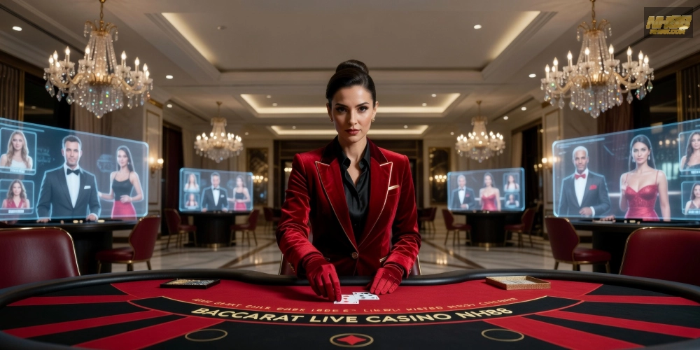 Hình minh họa dealer chuyên nghiệp đang chia bài tại bàn baccarat live casino nh88 với không khí sang trọng