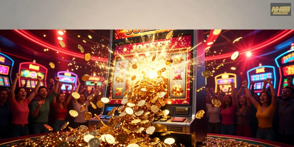 Hình minh họa khái niệm nổ hũ nh88 với jackpot bùng nổ trong sòng bạc ảo