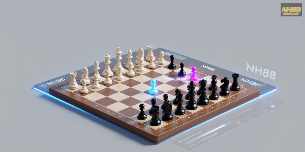 Minh họa bàn cờ vua trên nền tảng NH88 với giao diện hiện đại và các quân cờ sống động