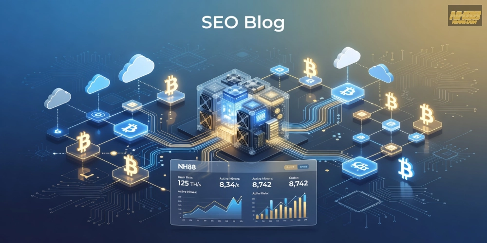 Minh họa khái niệm đào Bitcoin trên nền tảng NH88 với biểu đồ tăng trưởng