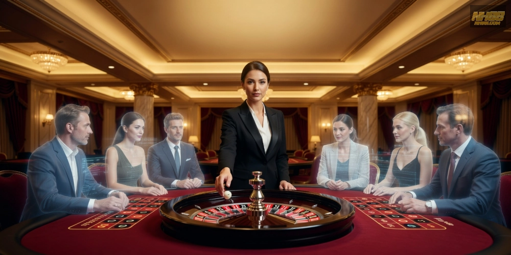 Minh họa khái niệm live casino online nh88 với dealer trực tiếp và giao diện hiện đại