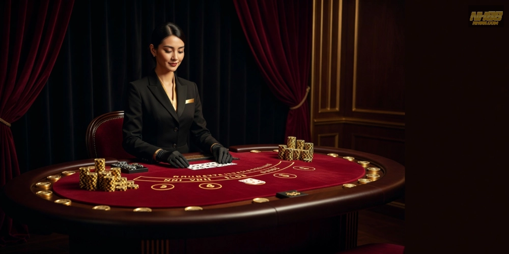 Hình ảnh đại diện cho NH88 Golden House với bàn baccarat sang trọng và dealer chuyên nghiệp
