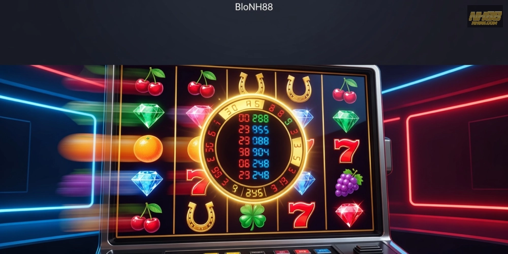 Minh họa khái niệm quay nổ hũ nh88 với hình ảnh slot machine hấp dẫn và jackpot sáng rực