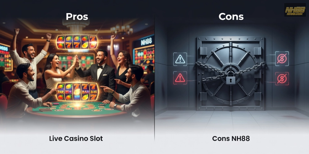 Hình ảnh so sánh ưu nhược điểm của live casino slot games nh88 để người chơi dễ hình dung